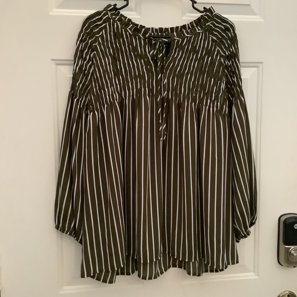 ANA Olive‎ Green & White Striped Long Sleeve Smoked Peasant Blouse XXL NWT